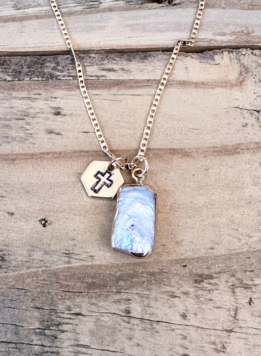 *NEW-Rectangular shaped Pearl & Cross Necklace | "The Priceless Pearl"