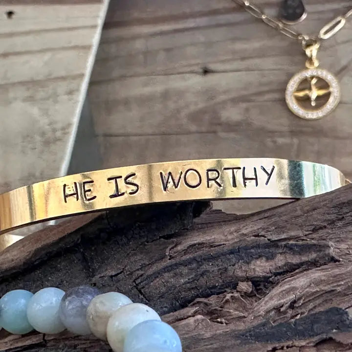 "He Is Worthy" — Hand-Stamped Cuff Bracelet