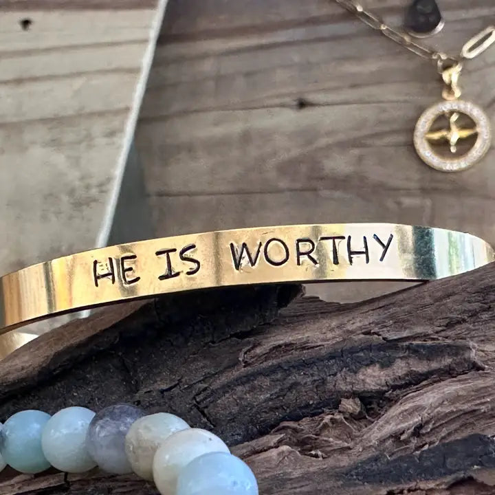 "He Is Worthy" — Hand-Stamped Cuff Bracelet